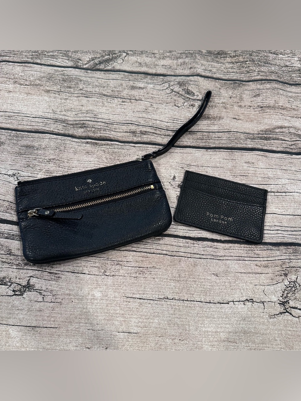 kate spade Black Pebbled Leather Zip Wristlet and Pom Pom London Card Holder